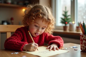 Petite fille écrivant une lettre au Père Noël à la table de la cuisine décorée pour Noël