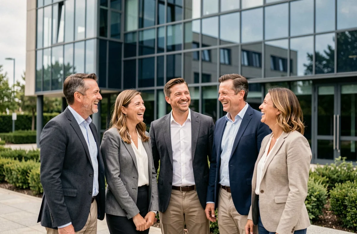 Séance photo de groupe corporate pour une entreprise à Blagnac avec équipe professionnelle en extérieur