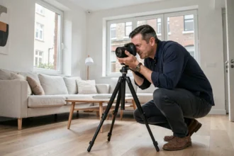 Photographe immobilier professionnel en train de photographier un salon moderne avec un trépied