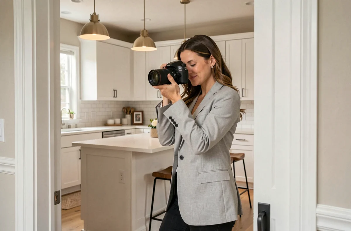 Photographe immobilière vérifiant ses clichés dans une cuisine rénovée lumineuse