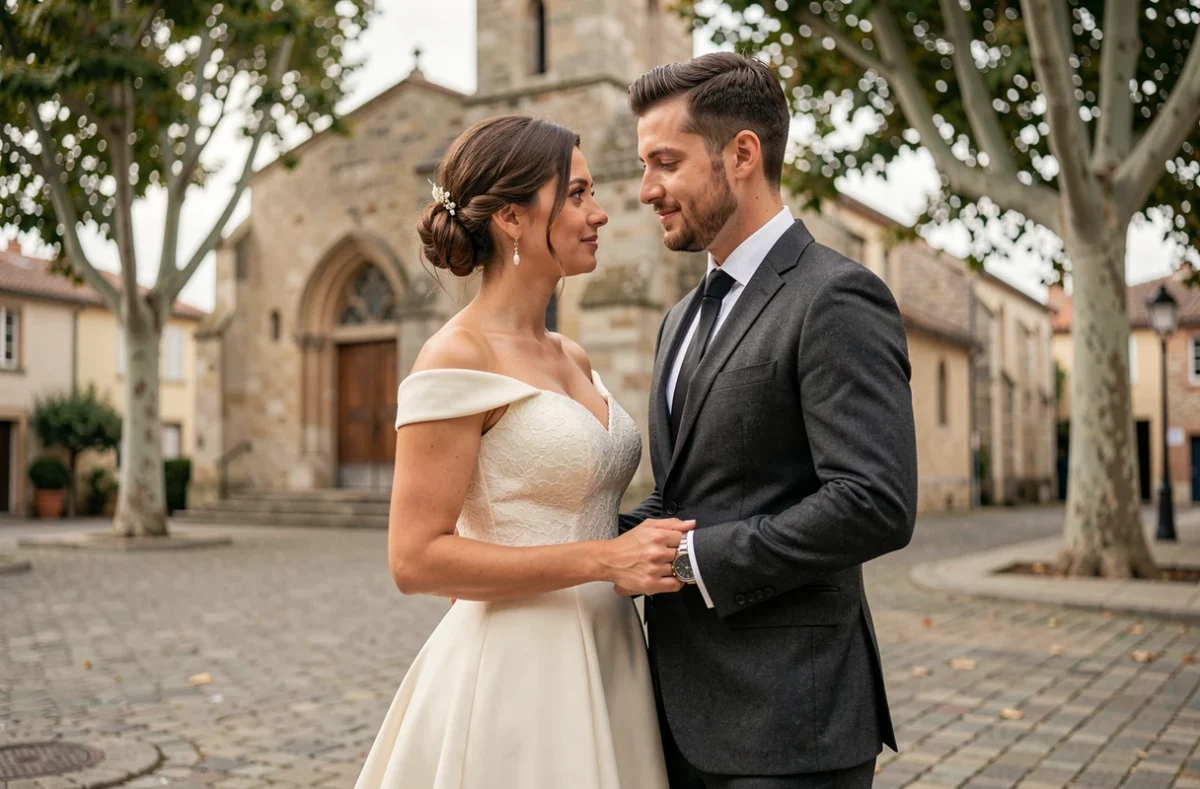 Photographie de mariage d'un couple élégant sur une place historique de Blagnac par un photographe professionnel