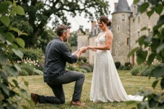 Photographe de mariage professionnel en action lors d'une cérémonie en plein air dans le Val-d'Oise, capturant les mariés dans un jardin de château