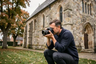 Photographe professionnel en action lors d'un mariage en extérieur à Yvetot en Normandie, appareil photo reflex en main devant une église en pierre