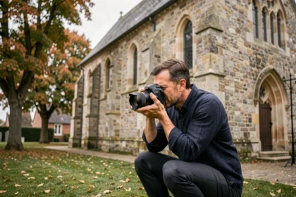 Photographe professionnel en action lors d'un mariage en extérieur à Yvetot en Normandie, appareil photo reflex en main devant une église en pierre