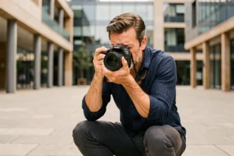 Photographe professionnel en action à Blagnac capturant des portraits en extérieur avec un appareil photo reflex numérique