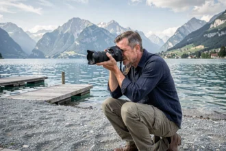 Photographe professionnel en train de cadrer une prise de vue au bord du lac Léman à Thonon-les-Bains, avec les Alpes en arrière-plan