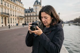 Photographe professionnelle à Argenteuil au bord de la Seine avec son appareil photo reflex