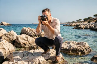 Photographe professionnel en action sur les rochers de la côte de Saint-Cyr-sur-Mer avec son appareil photo reflex
