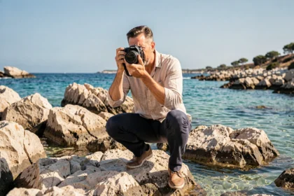 Photographe professionnel en action sur les rochers de la côte de Saint-Cyr-sur-Mer avec son appareil photo reflex