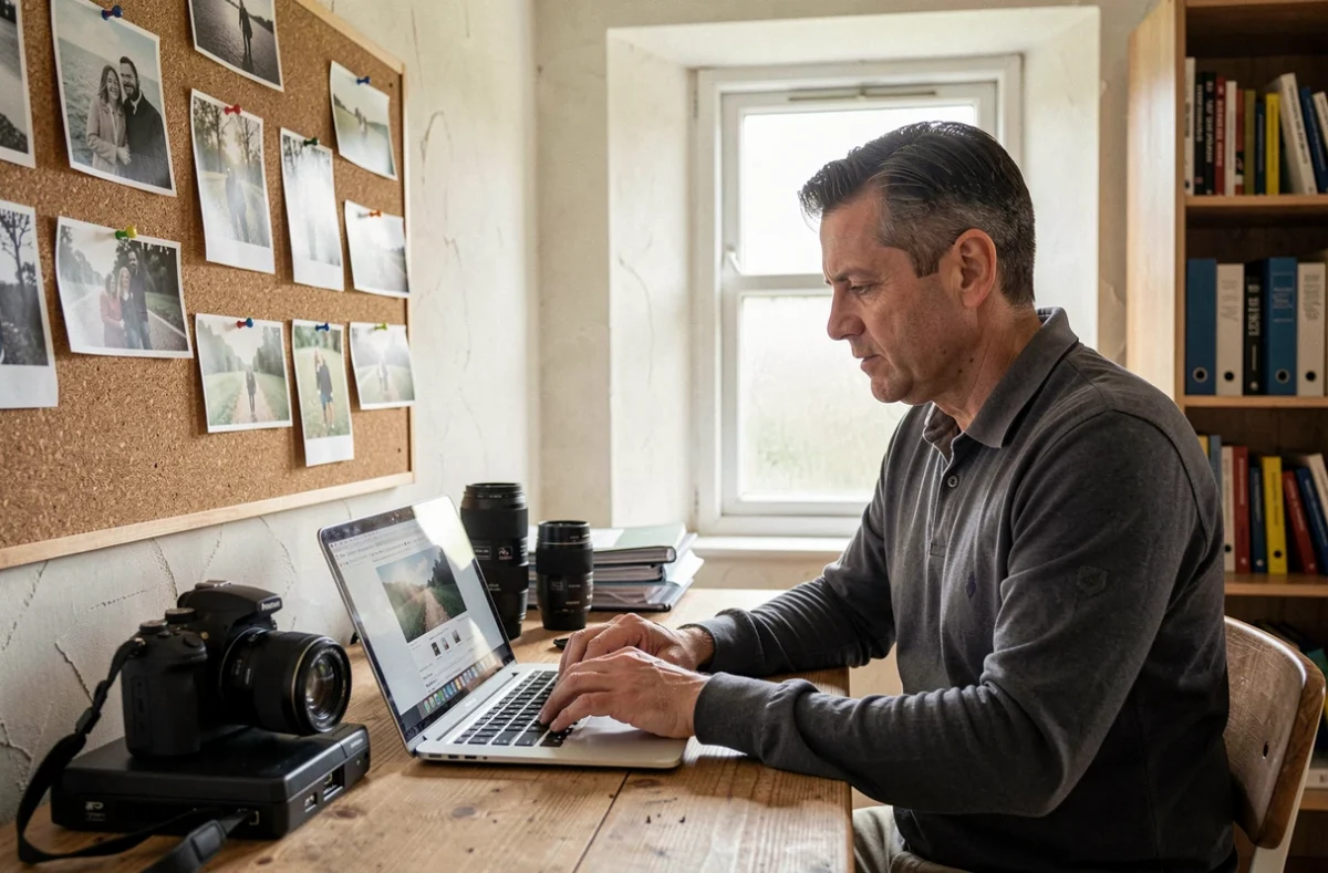 Photographe professionnel consultant ses photos sur ordinateur dans un bureau de studio à Yvetot, entouré de tirages et d'équipement photo