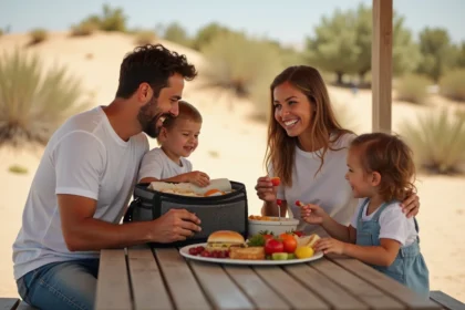 Famille mangeant un pique-nique près des dunes de la Mer de Sable, parc de loisirs