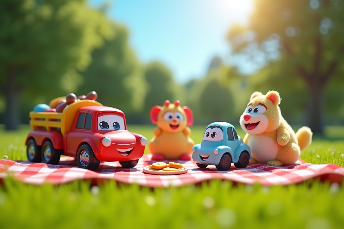 Jouets en plein pique-nique dans un parc ensoleille