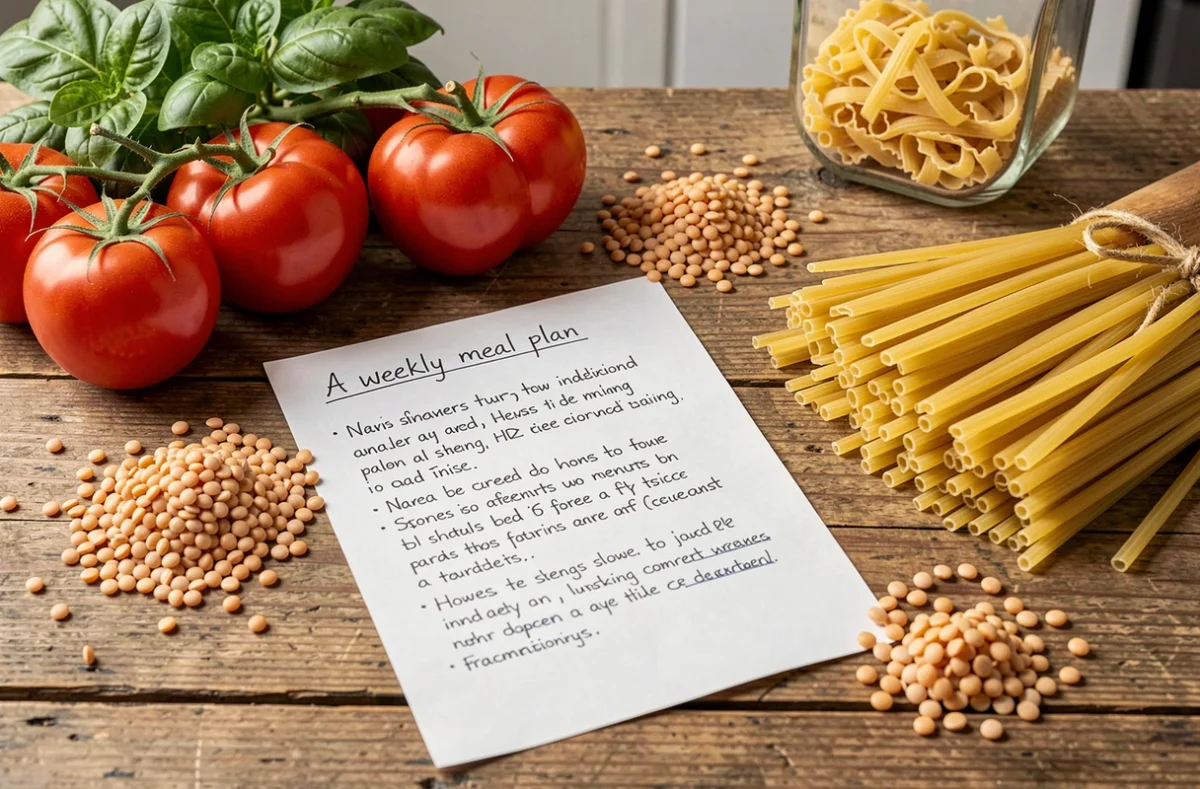 Plan de repas de la semaine posé près de légumes et de lentilles