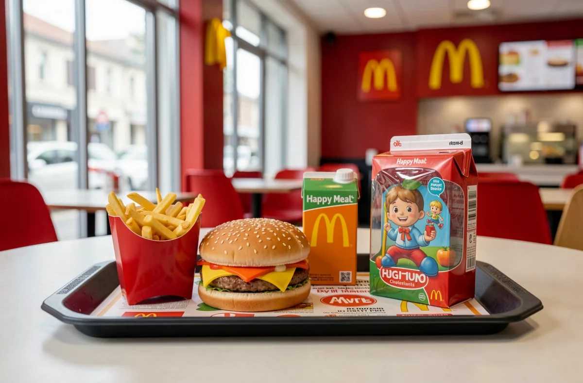 Plateau Happy Meal complet avec burger, frites, boisson et jouet sur une table McDonald's en France
