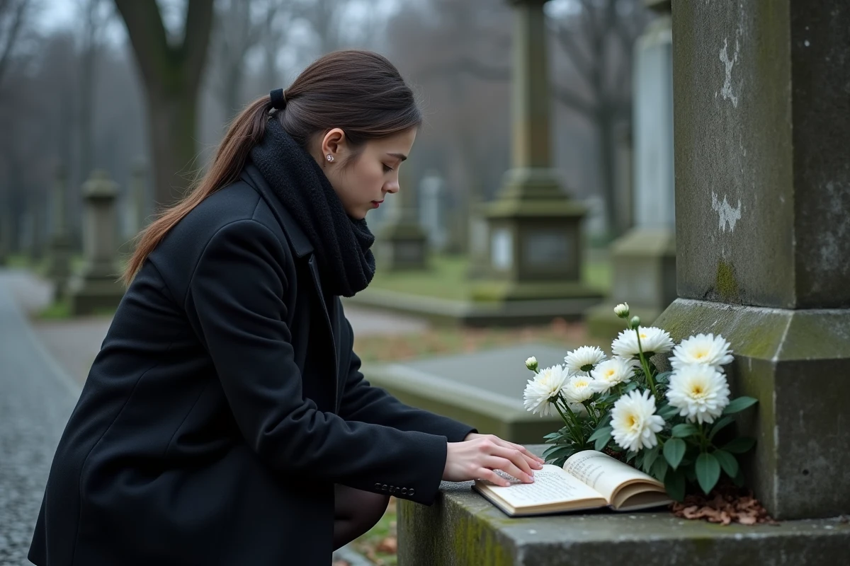 Jeune femme déposant un poème manuscrit sur la tombe de sa mère décorée de chrysanthèmes blancs dans un cimetière automnal
