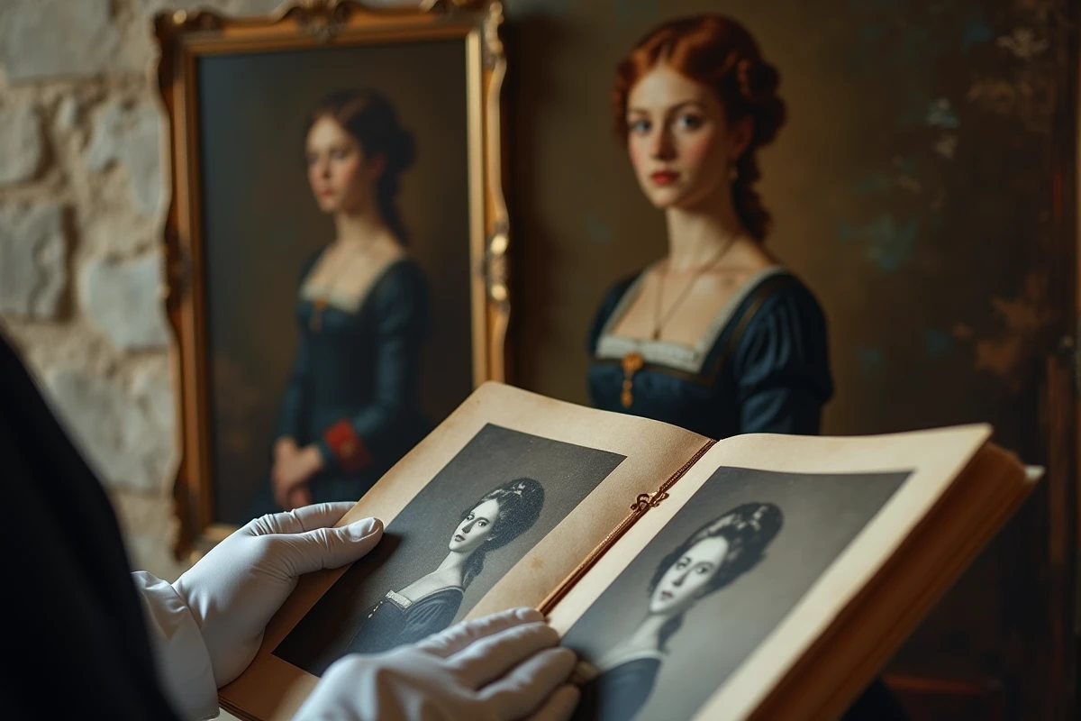Portrait ancien dans un cadre doré représentant une femme ressemblant à Sissi impératrice, comparé à des photographies historiques par un chercheur ganté, évoquant l'enquête sur une possible sœur cachée