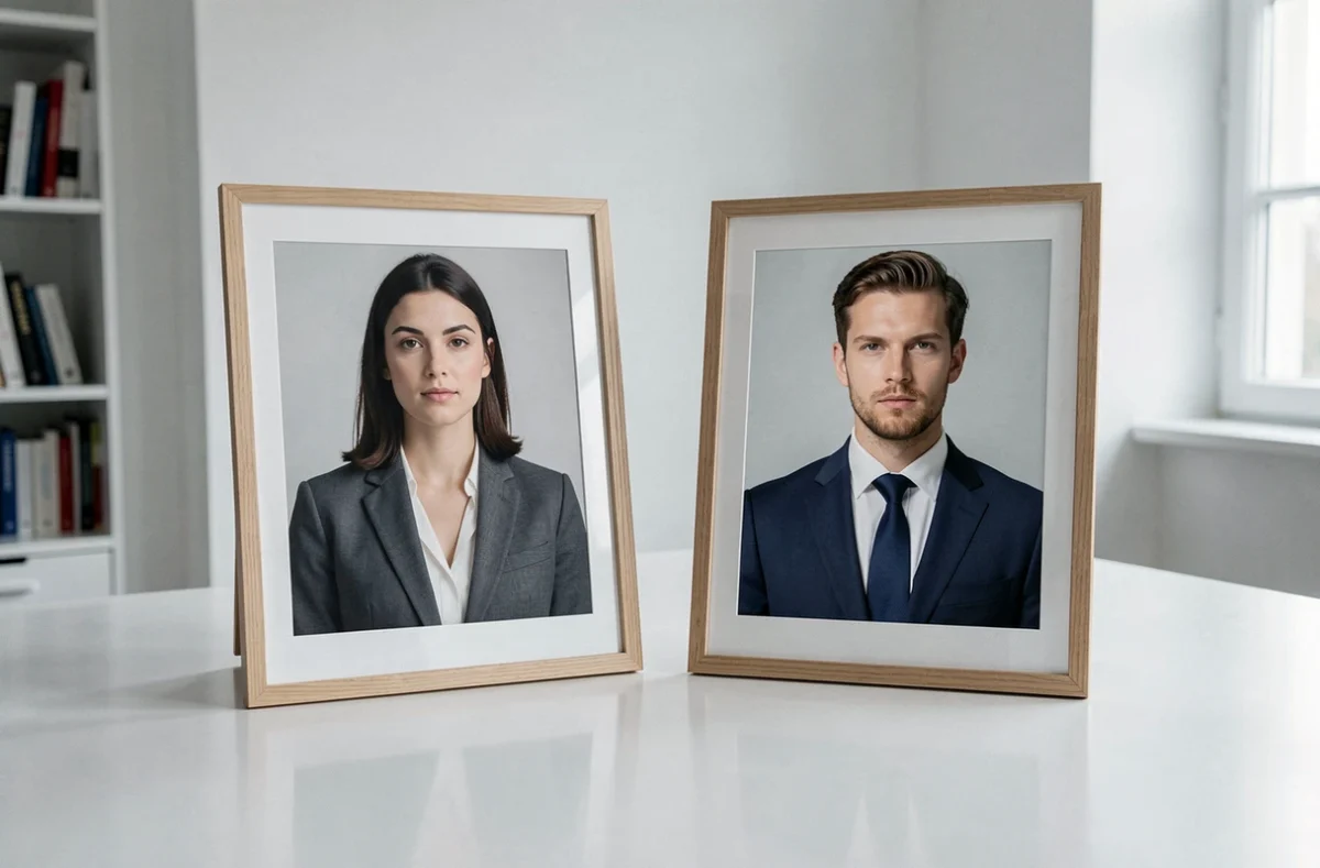 Deux portraits encadrés côte à côte sur une table blanche représentant un homme et une femme politiques français dans un cadre éditorial neutre