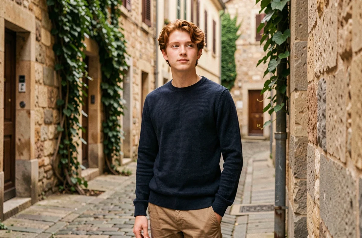 Adolescent prénommé Evan au regard serein dans une ruelle pavée européenne, ambiance internationale et intemporelle