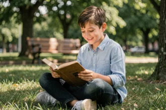 Jeune garçon prénommé Evan souriant et lisant un livre dans un parc verdoyant, ambiance douce et rassurante