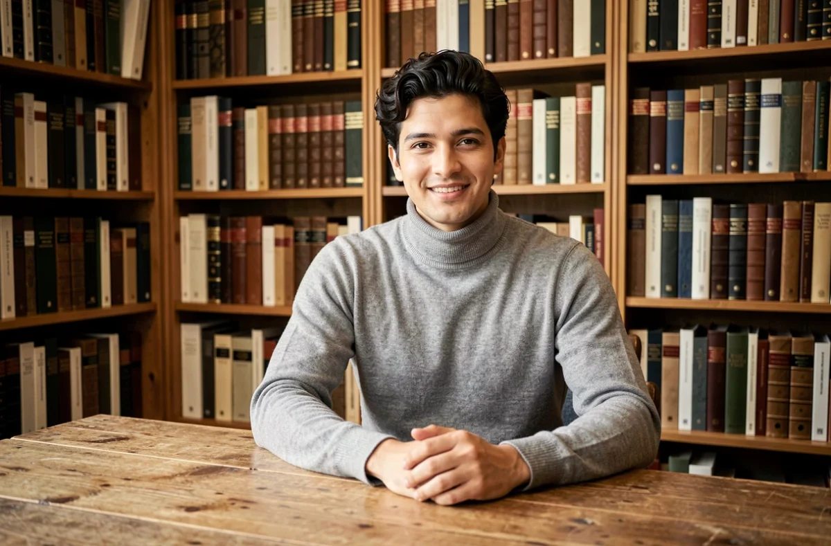 Jeune homme prénommé Evan assis dans une bibliothèque chaleureuse entouré de livres, symbolisant le sens rassurant et cultivé de ce prénom international