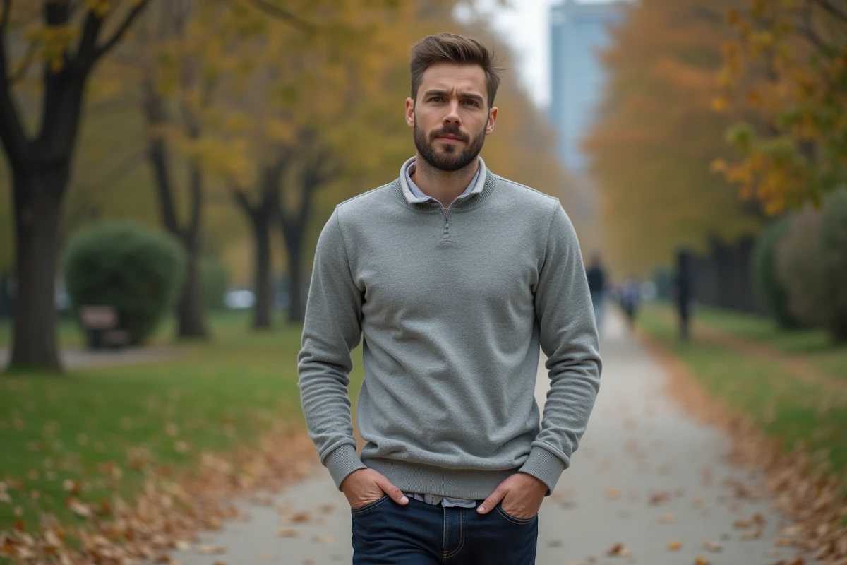Homme marche dans un parc calme avec feuilles tombées