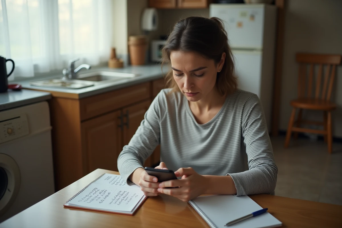 Femme cherchant les contacts d'une assistante sociale en urgence depuis son domicile avec son téléphone