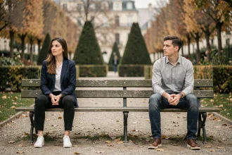 Couple assis séparément sur un banc de parc parisien, regards détournés, symbolisant une rupture sentimentale dans un contexte politique