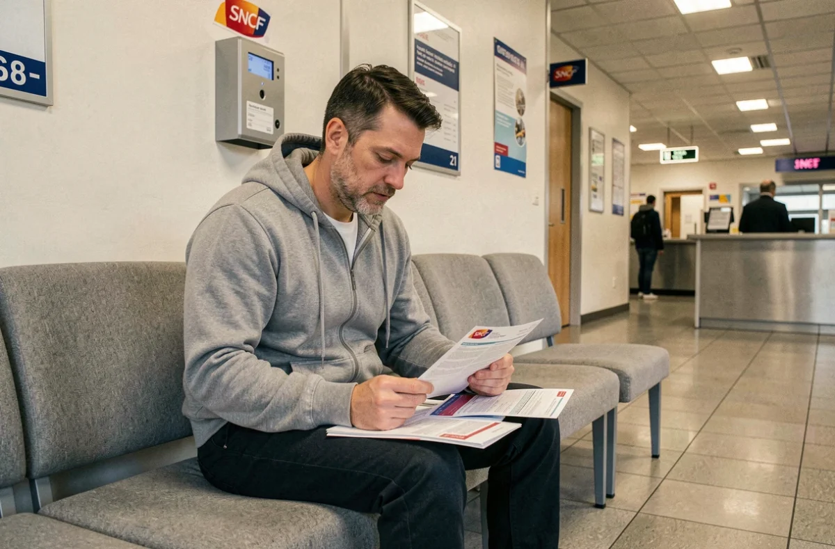 Homme en salle d'attente de l'agence SNCF d'Amiens consultant des formulaires de carte famille