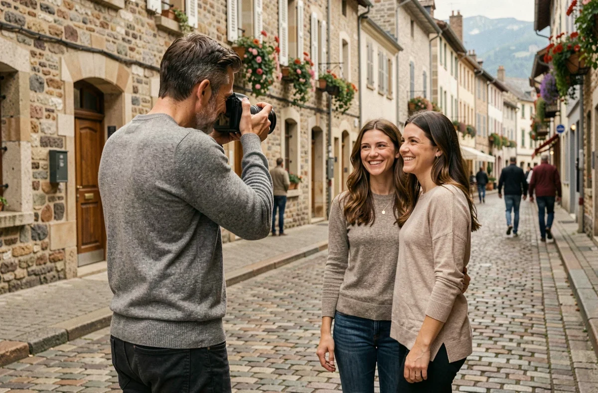 Photographe professionnel réalisant une séance photo de couple dans les rues pittoresques du centre-ville de Thonon-les-Bains