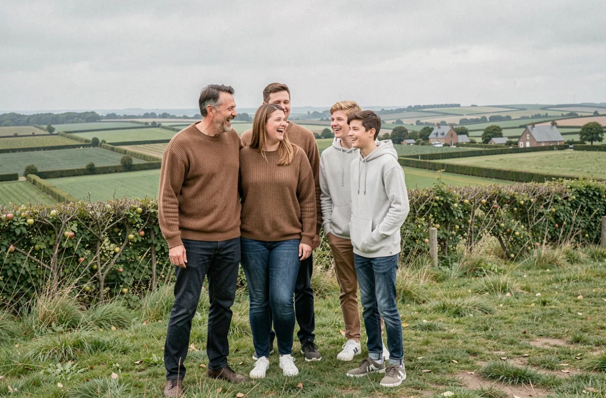 Séance photo de famille en plein air dans la campagne normande près d'Yvetot, parents et adolescents souriant sur une colline verdoyante