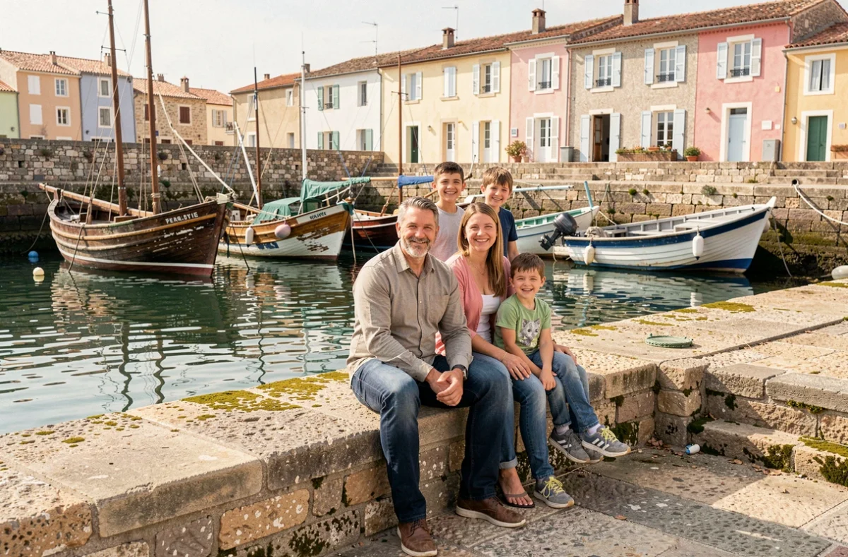 Photographe de famille sur le port de Saint-Cyr-sur-Mer avec bateaux de pêche en arrière-plan