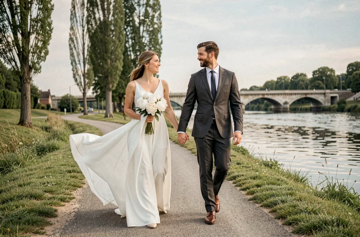 Couple de mariés se promenant au bord de l'Oise dans le Val-d'Oise, robe en mousseline et bouquet de pivoines blanches
