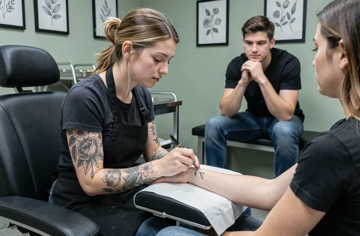 Artiste tatoueuse appliquant un tatouage floral sur le bras d'une jeune femme pendant que son frère observe en arrière-plan dans un studio moderne