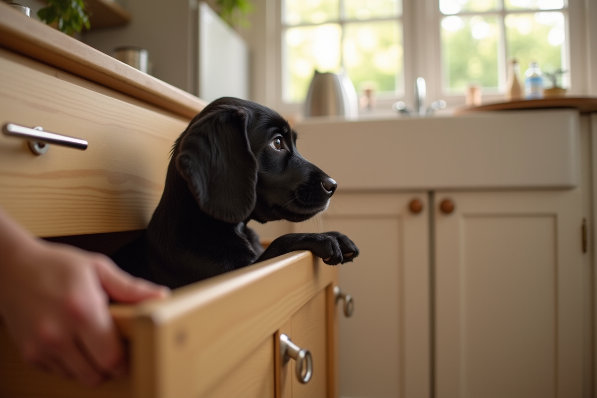 Main humaine sécurisant les meubles pour le chiot