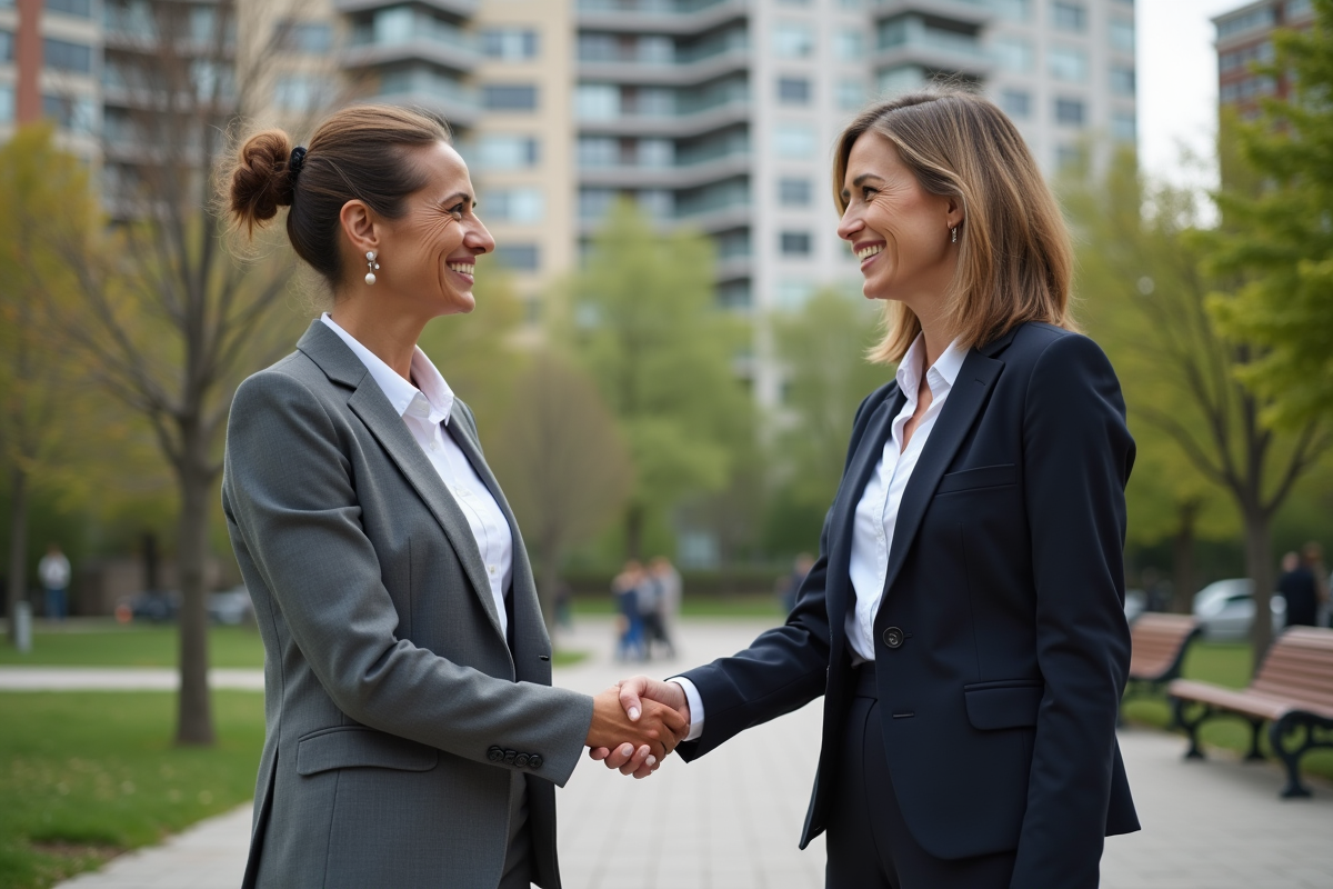 Deux femmes de différentes origines se serrant la main dans un parc urbain