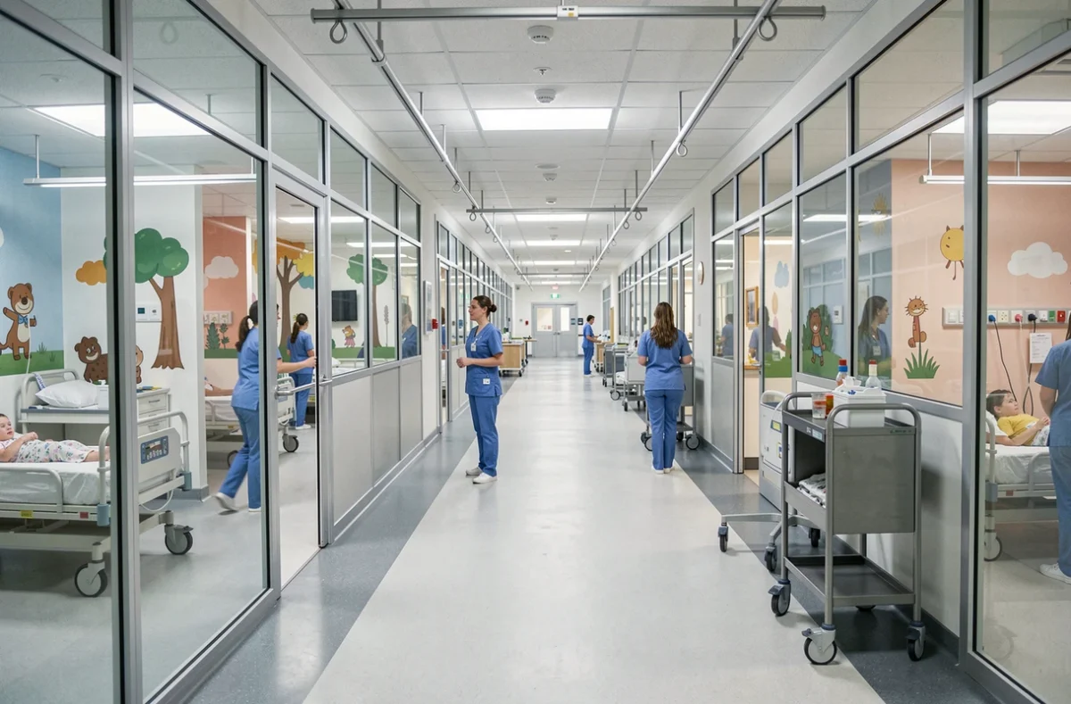 Couloir du service de pédiatrie du CHU de Nîmes avec soignants et chambres pour enfants