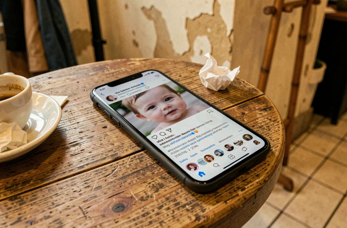 Un smartphone posé sur une table de café parisien affichant une photo virale floue de bébé partagée sur les réseaux sociaux