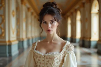 Jeune femme en robe de cour impériale du XIXe siècle dans un couloir de palais viennois doré, évoquant la sœur cachée de Sissi impératrice
