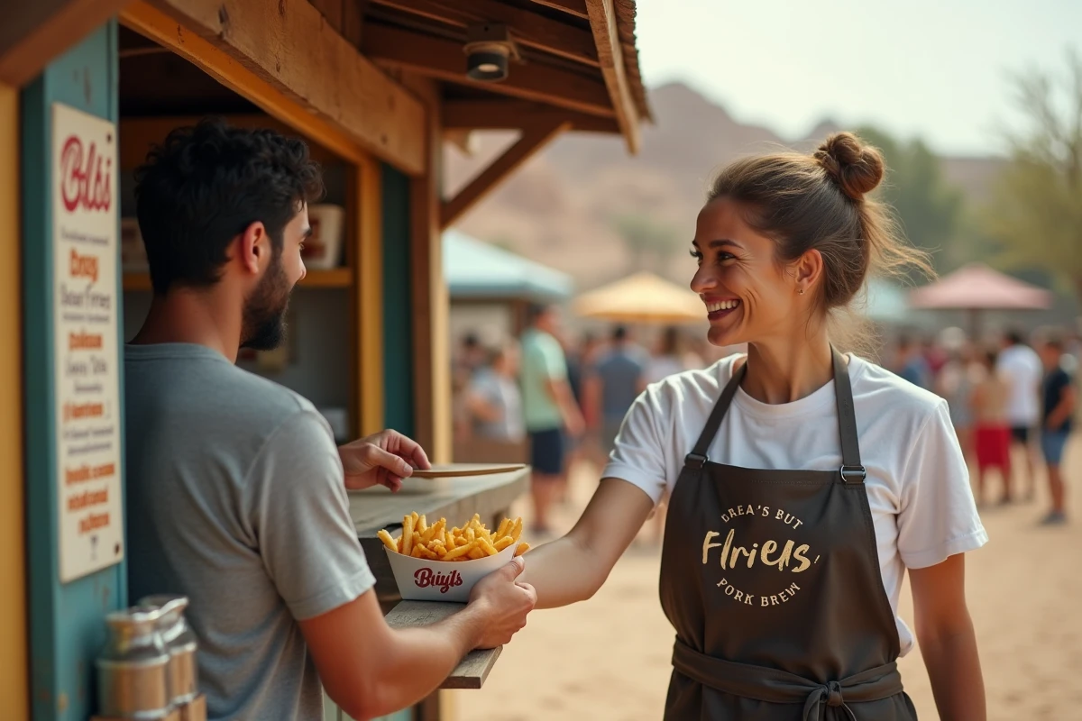 Stand de restauration rapide avec frites dans le parc de loisirs Mer de Sable