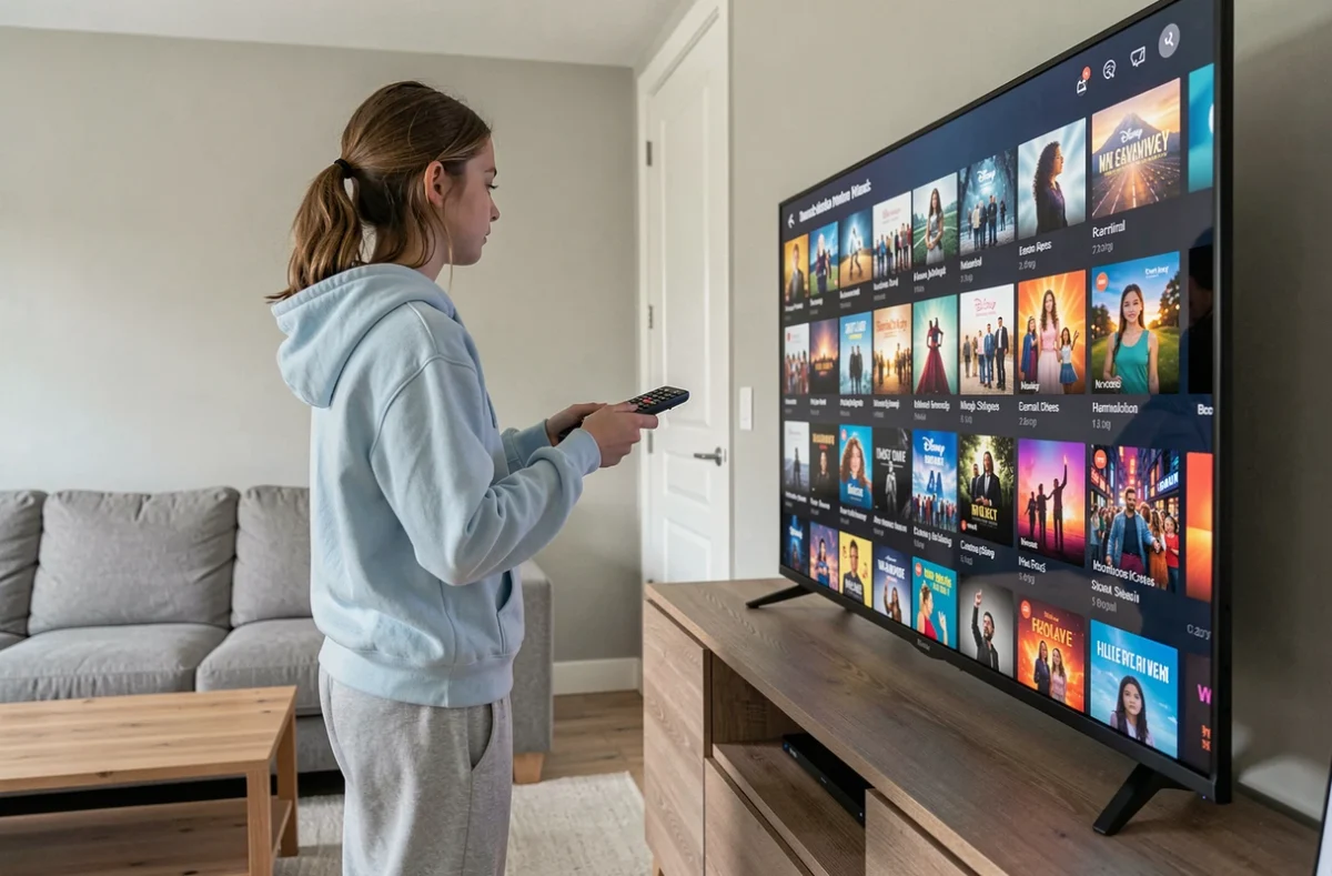 Adolescente devant un écran de streaming choisissant l'ordre de visionnage des films Disney disponibles en France