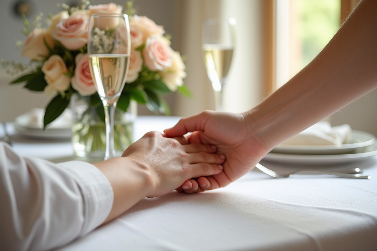 Main touchant une table d anniversaire avec roses et verres de champagne