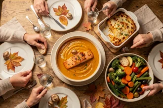 Table familiale garnie de soupe de potiron, saumon et légumes d'automne