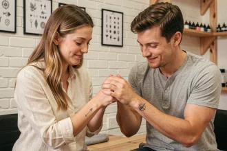 Frère et sœur dans la vingtaine montrant leurs tatouages assortis sur les poignets dans un studio de tatouage authentique