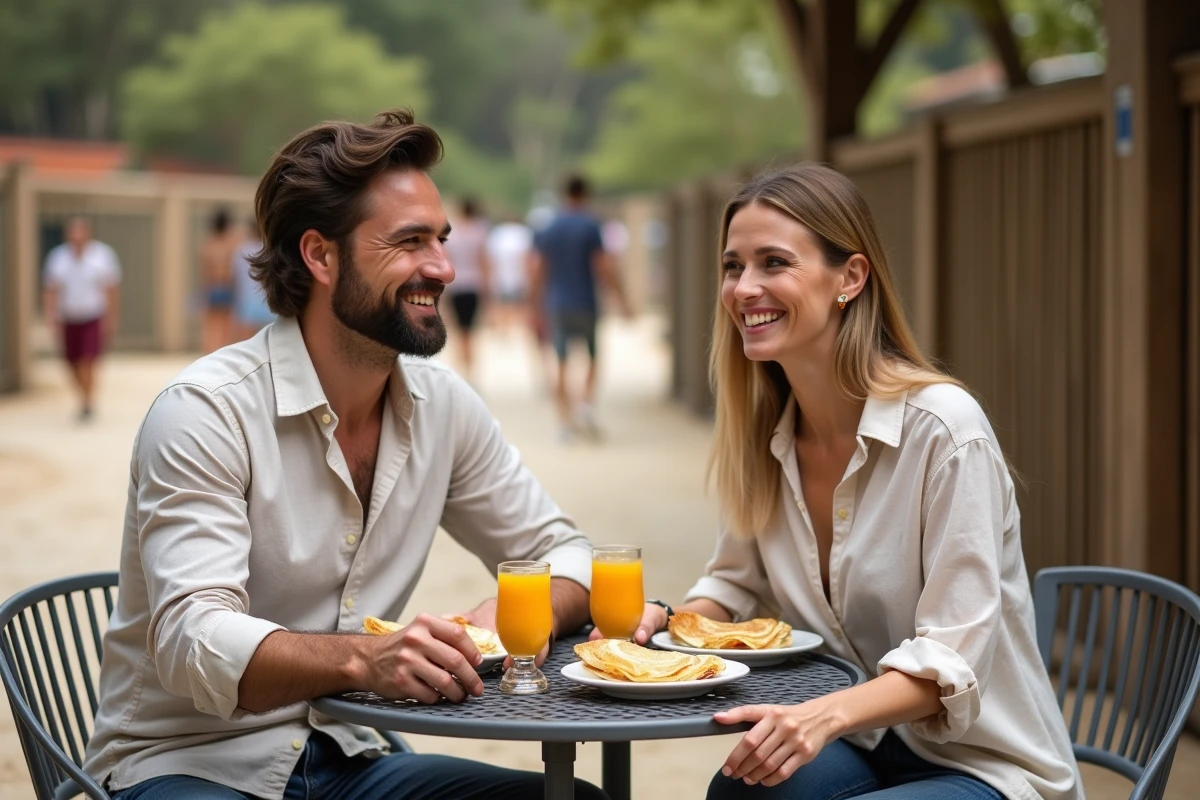 Couple partageant des crêpes en terrasse d'un café dans le parc Mer de Sable