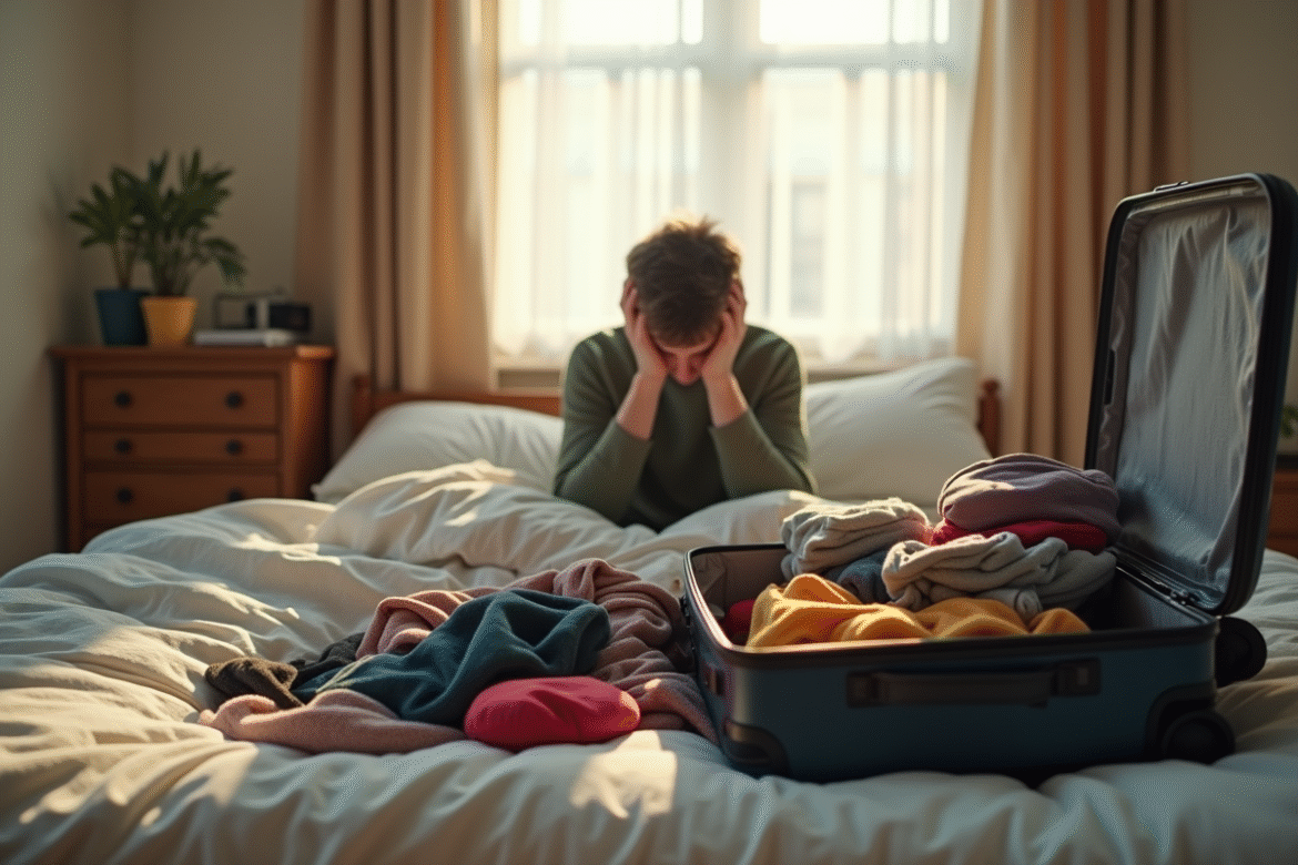 Valise ouverte sur un lit avec vêtements et objets personnels
