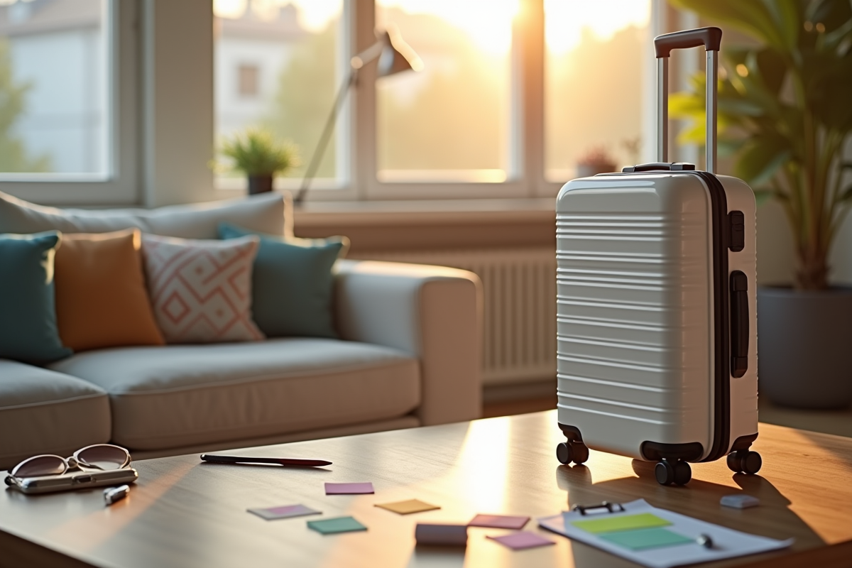 Valise prête dans un salon lumineux avec notes de voyage