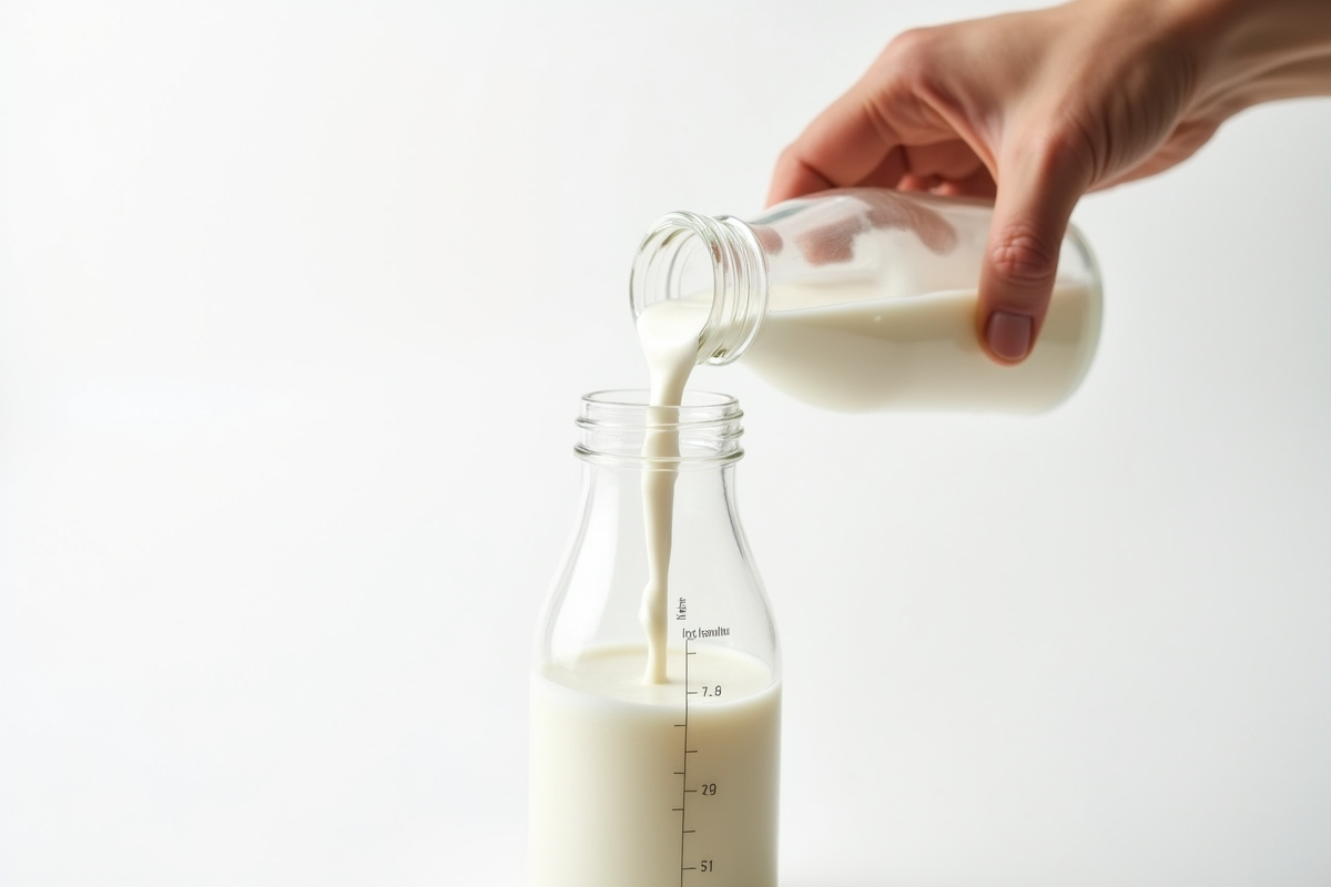 Main versant du lait dans une bouteille avec marquages de mesure