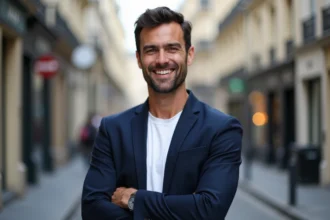 Portrait de Yoann Usai, personnalité de la télévision française, en veste navy, sourire naturel, fond urbain parisien
