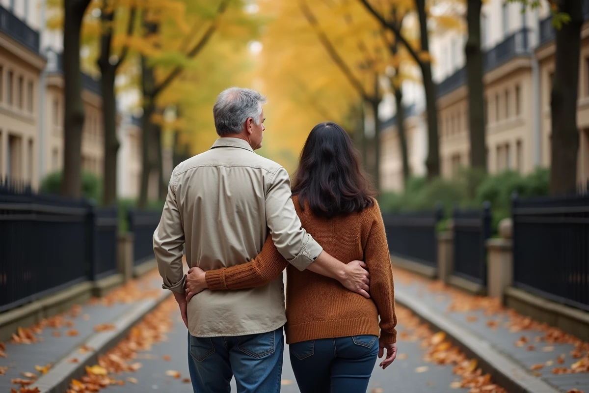 Couple se promenant dans une rue résidentielle parisienne en automne, complicité et vie privée préservée