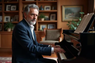Yvan Cassar assis au piano dans son studio familial, atmosphère intime et chaleureuse